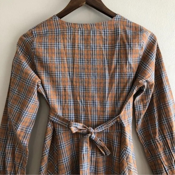 Preppy Plaid Wrap Skirt Tie Waist Long Sleeve V Neck Flowy Mini Dress Brown - Picture 8 of 11